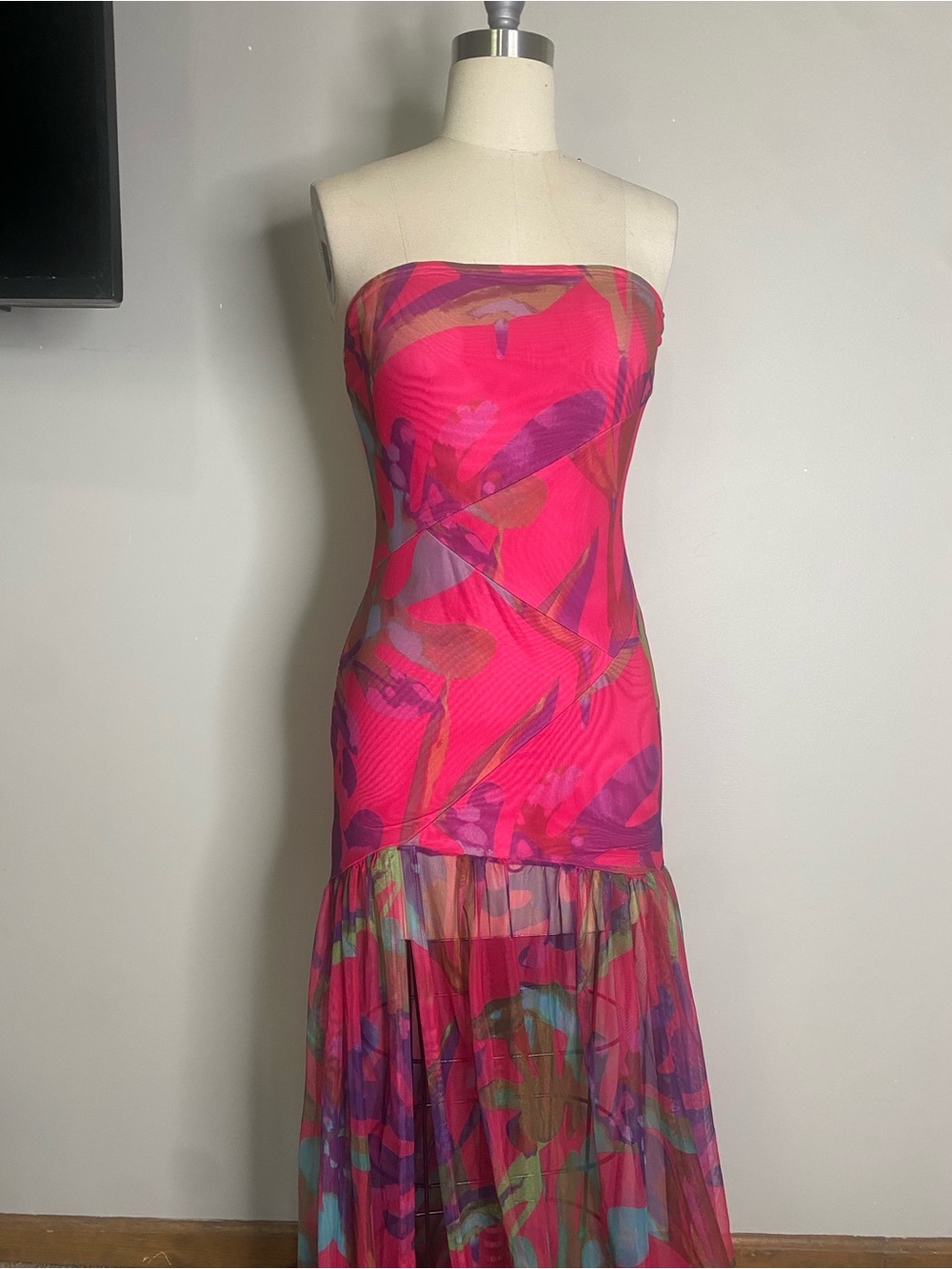 Strapless Hot Pink Abstract Print Maxi Dress